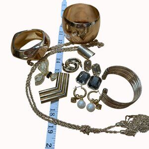 Jewelry Lot Gold Tone Set Chunky Maximal Bling Necklace Cuff Earrings Brooch